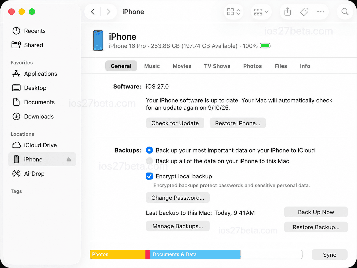 Backing up an iPhone with Finder on macOS Tahoe before installing the beta