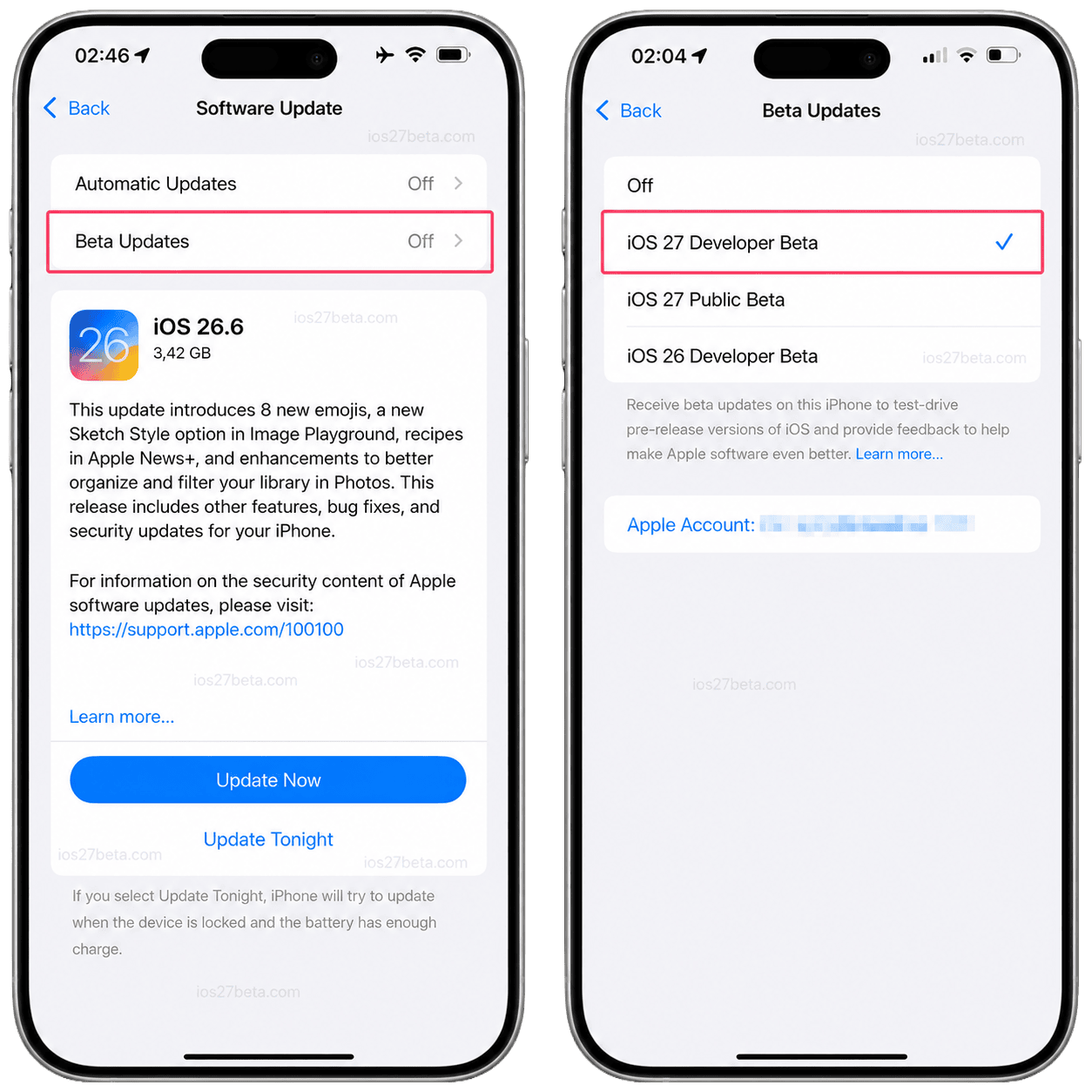 Selecting the Developer Beta in Settings, General, Software Update, Beta Updates