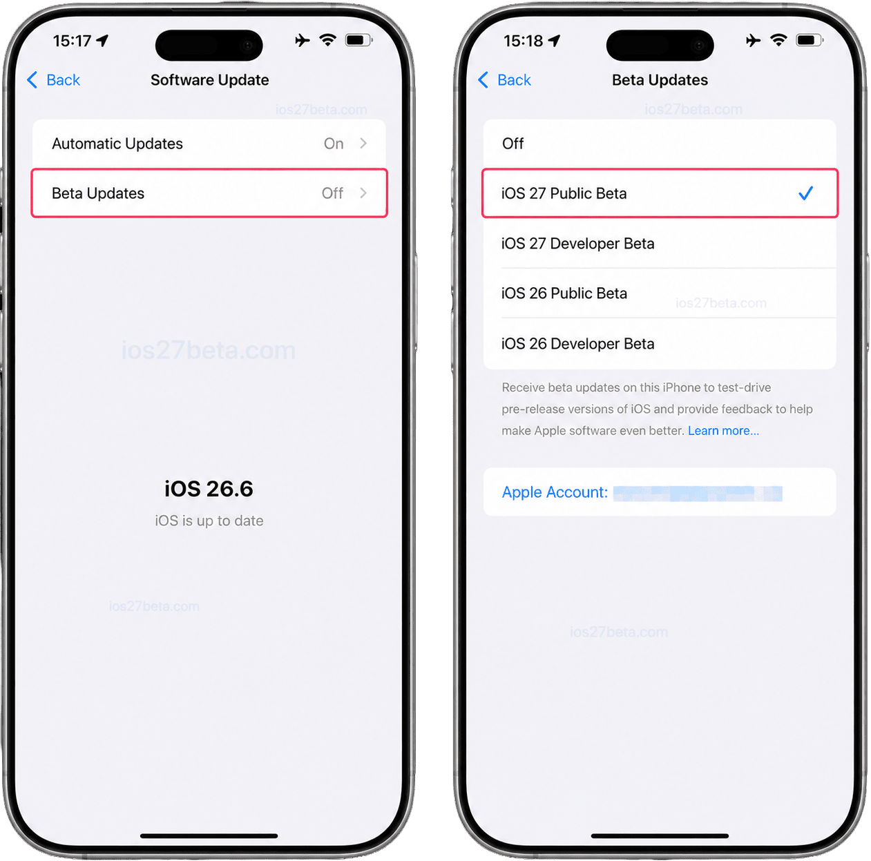 Selecting iOS 27 Public Beta in Settings, General, Software Update, Beta Updates