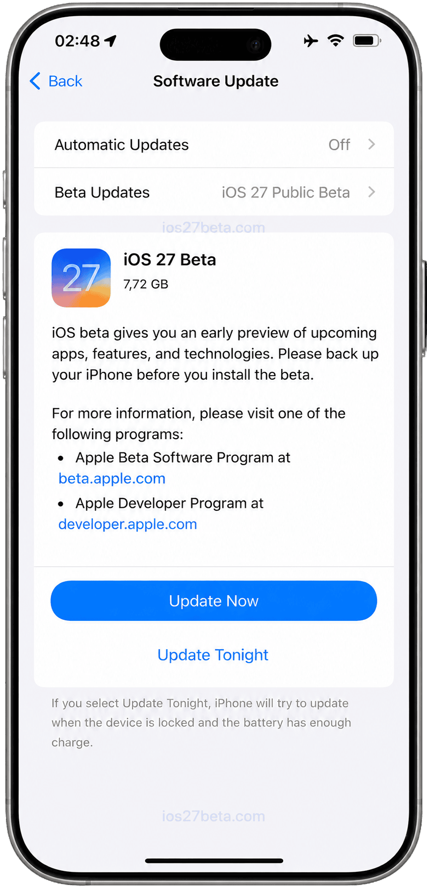 Downloading and installing iOS 27 Public Beta from Software Update