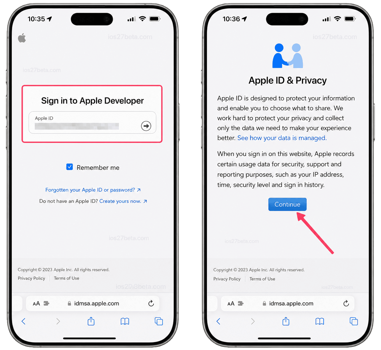 Signing in to the Apple Developer Center to enable the Developer Beta