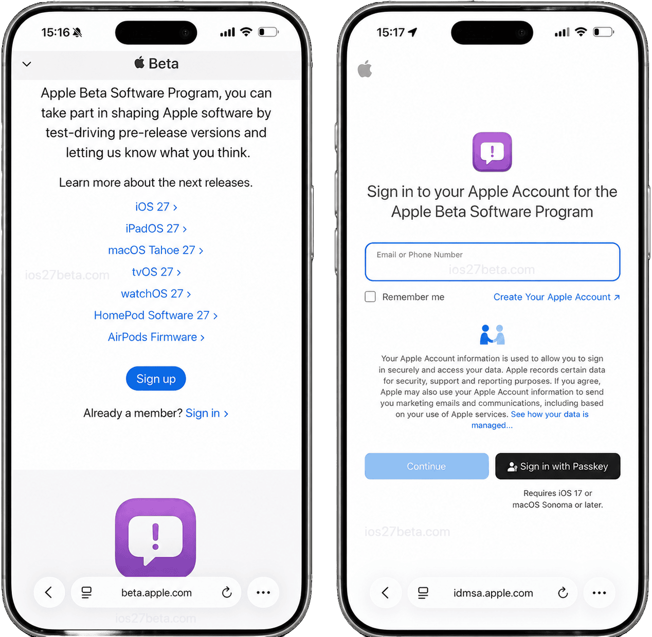 Signing in and enrolling at beta.apple.com for the Apple Beta Software Program